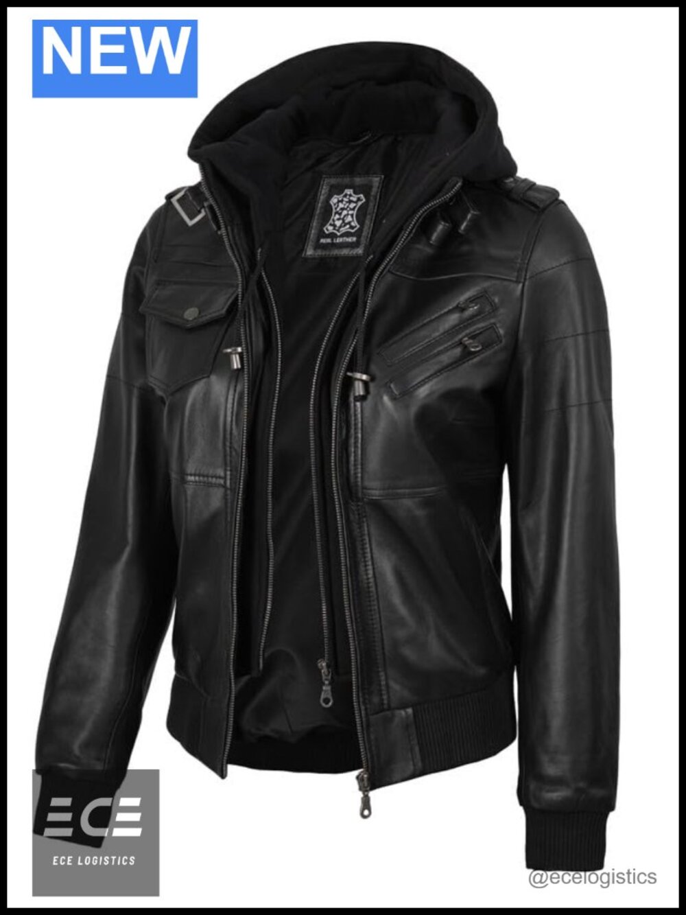 Genuine Lambskin Leather Bomber Jacket with Detachable Hood